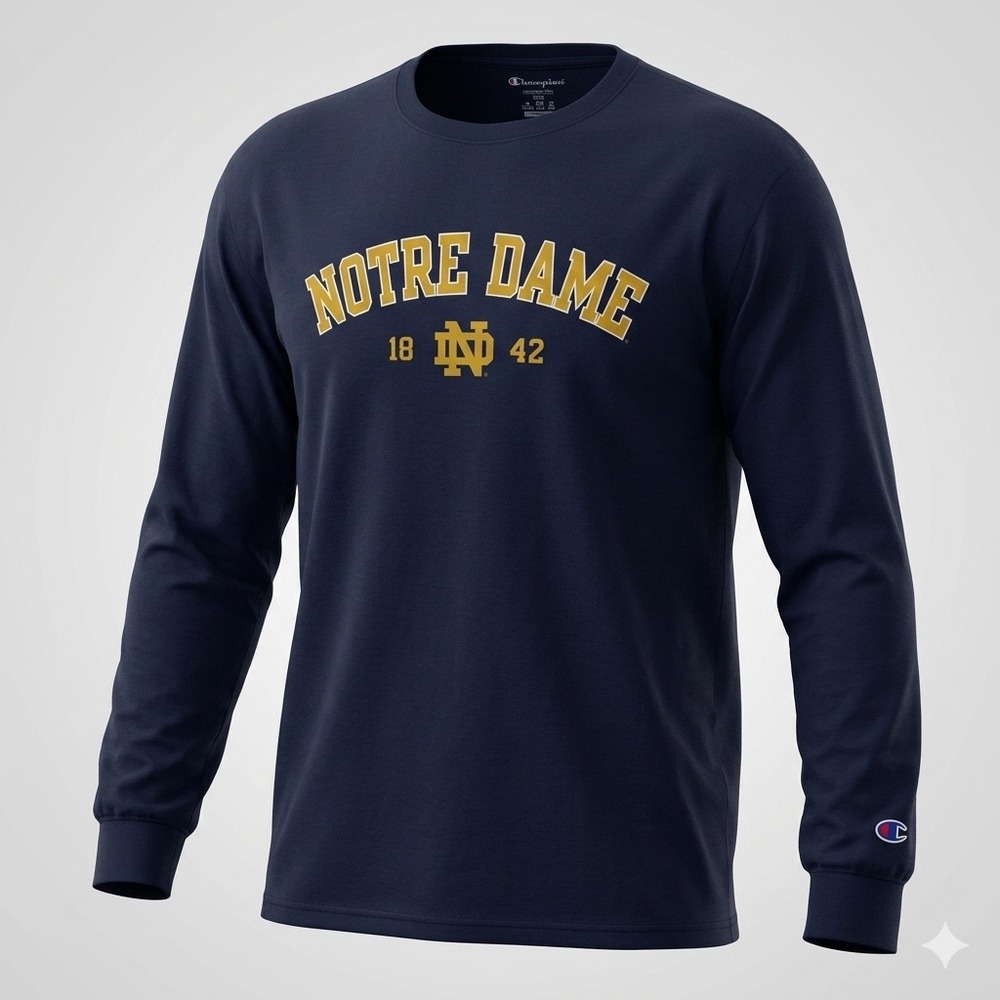 Champion Notre Dame T-Shirt Mens 2XL Navy Long Sleeve Graphic Tee NCAA College